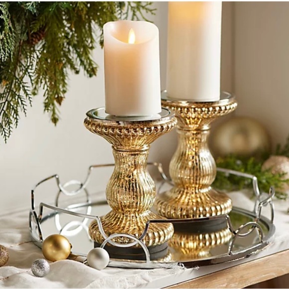 Set of 2 Lit Candle Holder Pedestals with Mirror Inserts - Picture 2 of 2